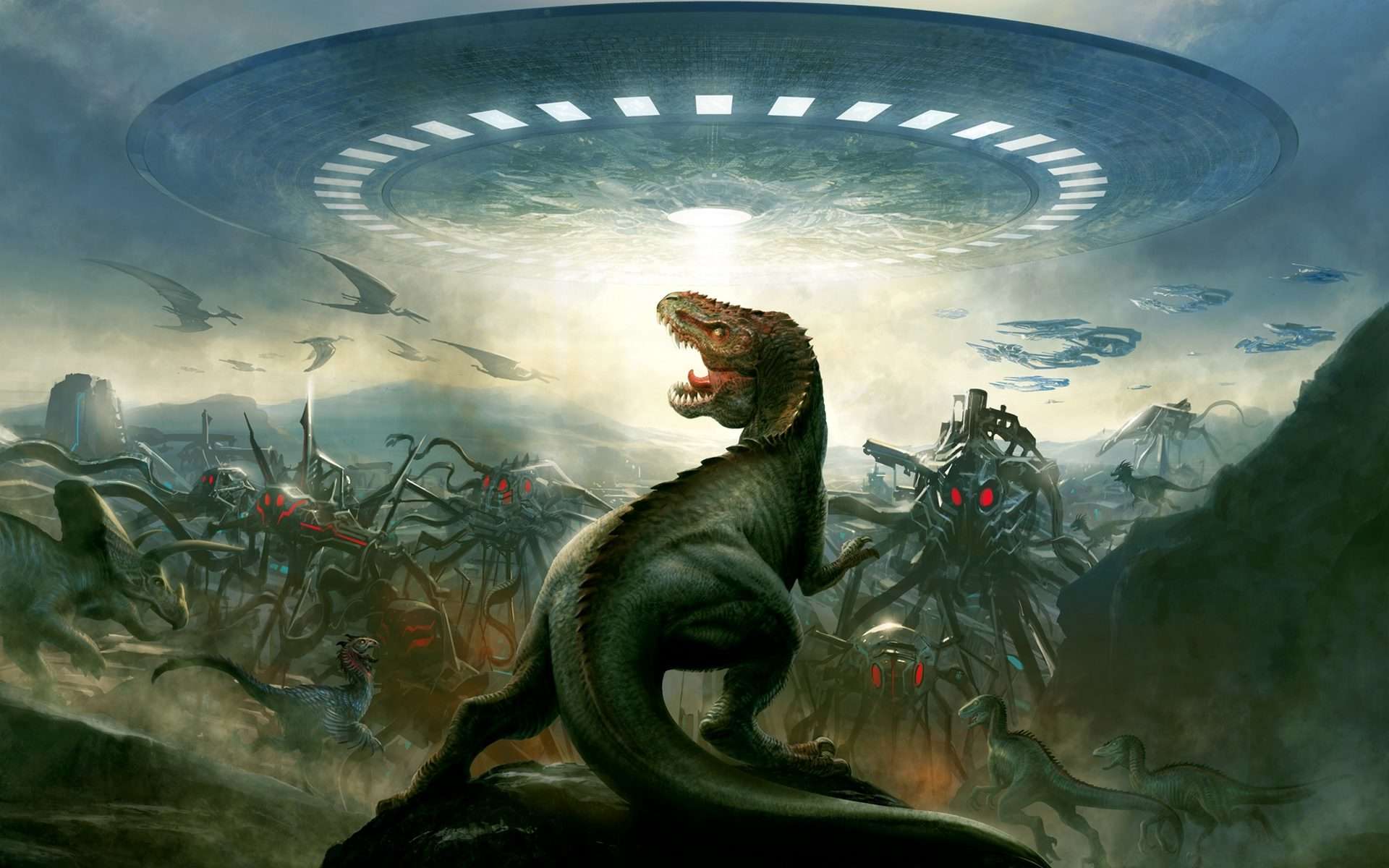 George Roush Roush Dinosaurs vs Aliens comics sci fi dinosaur ufo invasion spaceship spacecraft aliens creatures monster 1920x1200 e1473658878130